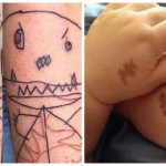 Eles tatuaram desenhos dos filhos. ...